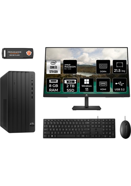 Pro Tower 290 G9 Intel Core I3 12100 8gb 2tb RX550/4GB 21.5" Fhd Monitör W11H 6D3A1EA Masaüstü Bilgisayar & Per4 USB Bellek 6D3A1EAMNT1354