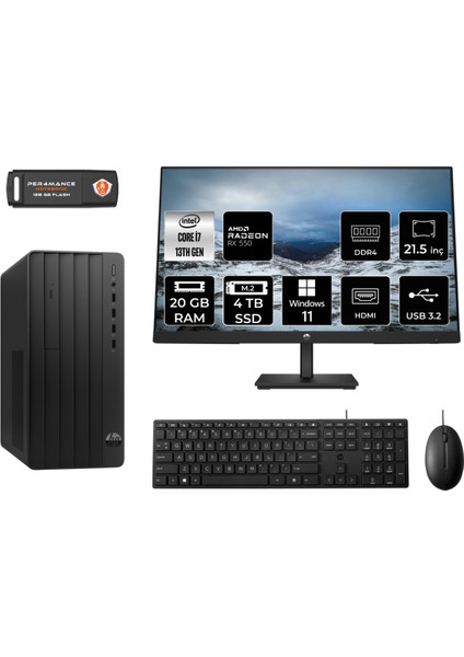 Pro Tower 290 G9 Intel Core I7 13700 20GB 4tb SSD RX550/4GB 21.5" Fhd Monitör W11P 8T2X2ES Masaüstü Bilgisayar & Per4 USB Bellek 8T2X2ESMNT1420