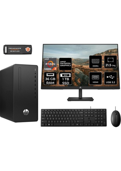 295 G9 Amd Ryzen 3 5300G 36GB 1tb SSD 21.5" Fhd Monitör 6D391EA Fdos Masaüstü Bilgisayar & Per4 USB Bellek 6D391EAMNT333