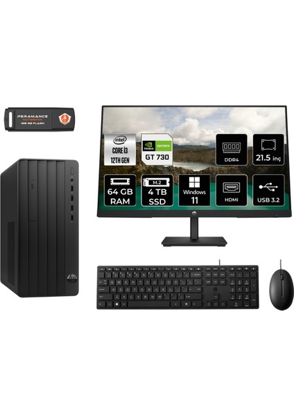 Pro Tower 290 G9 Intel Core I3 12100 64GB 4tb GT730/4GB 21.5" Fhd Monitör W11P 6D3A1EA Masaüstü Bilgisayar & Per4 USB Bellek 6D3A1EAMNT2450