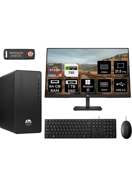 295 G9 Amd Ryzen 3 5300G 64GB 1tb SSD GT730/4GB 21.5" Fhd Monitör W11H 6D391EA Masaüstü Bilgisayar & Per4 USB Bellek 6D391EAMNT2398