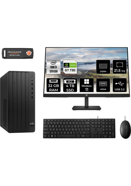 Pro Tower 290 G9 Intel Core I3 13100 32GB 4tb SSD GT730/4GB 21.5" Fhd Monitör W11H 8T2X0ES Masaüstü Bilgisayar & Per4 USB Bellek 8T2X0ESMNT2380