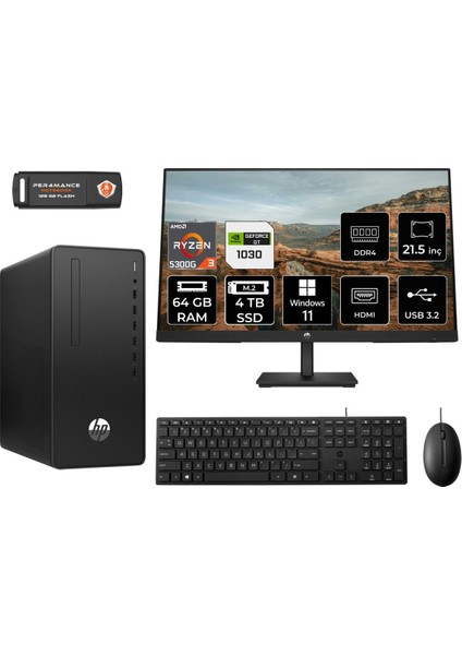 295 G9 Amd Ryzen 3 5300G 64GB 4tb SSD GT1030/4GB 21.5" Fhd Monitör W11P 6D391EA Masaüstü Bilgisayar & Per4 USB Bellek 6D391EAMNT3450
