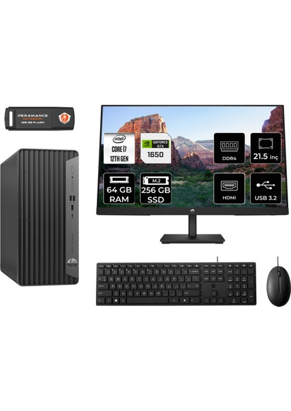 Pro Tower 400 G9 Intel Core I7 12700 64GB 256GB SSD GTX1650/4GB 21.5" Fhd Monitör Fdos 6U3M9EA Masaüstü Bilgisayar & Per4 USB Bellek 6U3M9EAMNT4346