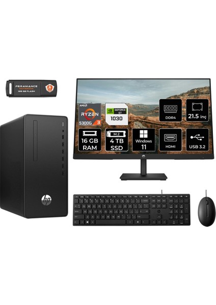 Hp 295 G9 Amd Ryzen 3 5300G 16GB 4tb SSD GT1030/4GB 21.5" Fhd Monitör W11H 6D391EA Masaüstü Bilgisayar & Per4 USB Bellek 6D391EAMNT3365