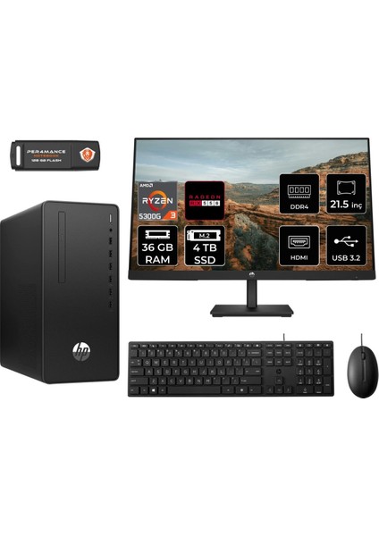 295 G9 Amd Ryzen 3 5300G 36GB 4tb SSD RX550/4GB 21.5" Fhd Monitör Fdos 6D391EA Masaüstü Bilgisayar & Per4 USB Bellek 6D391EAMNT1335