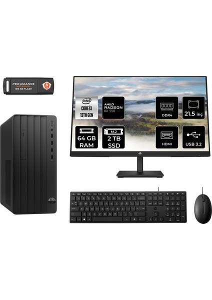 Pro Tower 290 G9 Intel Core I3 13100 64GB 2tb SSD RX550/4GB 21.5" Fhd Monitör Fdos 8T2X0ES Masaüstü Bilgisayar & Per4 USB Bellek 8T2X0ESMNT1349