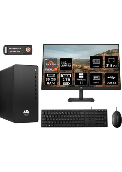 Hp 295 G9 Amd Ryzen 3 5300G 36GB 2tb SSD 21.5" Fhd Monitör 6D391EA W11H Masaüstü Bilgisayar & Per4 USB Bellek 6D391EAMNT384