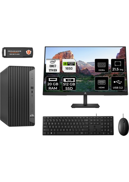 Pro Tower 400 G9 Intel Core I7 12700 20GB 512GB SSD GTX1650/4GB 21.5" Fhd Monitör Fdos 6U3M9EA Masaüstü Bilgisayar & Per4 USB Bellek 6U3M9EAMNT4317