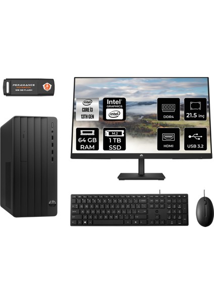Pro Tower 290 G9 Intel Core I3 13100 64GB 1tb SSD 21.5" Fhd Monitör 8T2X0ES Fdos Masaüstü Bilgisayar & Per4 USB Bellek 8T2X0ESMNT348