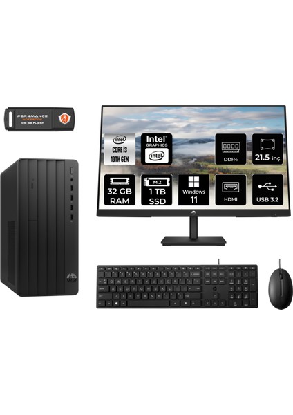 Pro Tower 290 G9 Intel Core I3 13100 32GB 1tb SSD 21.5" Fhd Monitör 8T2X0ES W11P Masaüstü Bilgisayar & Per4 USB Bellek 8T2X0ESMNT428