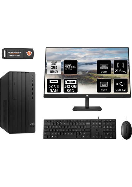 Pro Tower 290 G9 Intel Core I3 13100 32GB 512GB SSD RX550/4GB 21.5" Fhd Monitör Fdos 8T2X0ES Masaüstü Bilgisayar & Per4 USB Bellek 8T2X0ESMNT1327