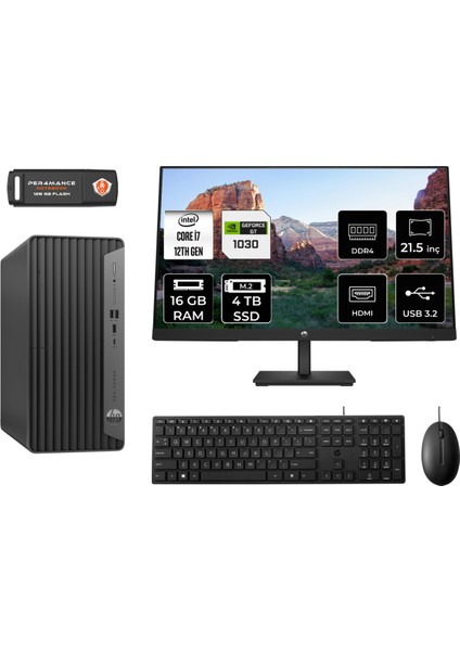 Pro Tower 400 G9 Intel Core I7 12700 16GB 4tb SSD GT1030/4GB 21.5" Fhd Monitör Fdos 6U3M9EA Masaüstü Bilgisayar & Per4 USB Bellek 6U3M9EAMNT3315