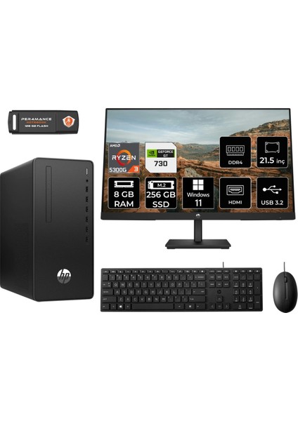 295 G9 Amd Ryzen 3 5300G 8gb 256GB SSD GT730/4GB 21.5" Fhd Monitör W11P 6D391EA Masaüstü Bilgisayar & Per4 USB Bellek 6D391EAMNT2401