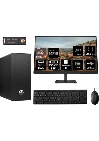 295 G9 Amd Ryzen 3 5300G 8gb 256GB SSD 21.5" Fhd Monitör 6D391EA W11P Masaüstü Bilgisayar & Per4 USB Bellek 6D391EAMNT401