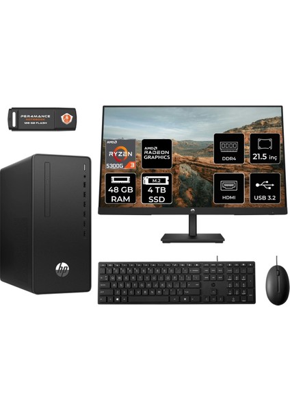295 G9 Amd Ryzen 3 5300G 48GB 4tb SSD 21.5" Fhd Monitör 6D391EA Fdos Masaüstü Bilgisayar & Per4 USB Bellek 6D391EAMNT345