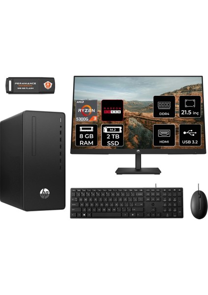 295 G9 Amd Ryzen 3 5300G 8gb 2tb SSD RX550/4GB 21.5" Fhd Monitör Fdos 6D391EA Masaüstü Bilgisayar & Per4 USB Bellek 6D391EAMNT1304