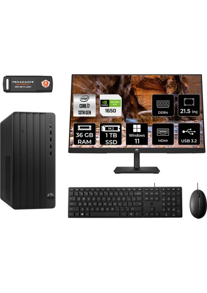 Pro Tower 290 G9 Intel Core I7 13700 36GB 1tb SSD GTX1650/4GB 21.5" Fhd Monitör W11H 8T2X1ES Masaüstü Bilgisayar & Per4 USB Bellek 8T2X1ESMNT4383