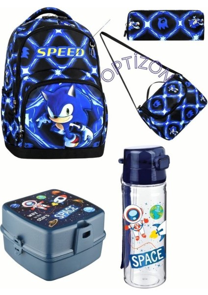 Sonıc Desenli Beşli Erkek Çocuk Ilkokul Sonic Okul Çantası + Termal Beslenme Seti + Kalemlik + Suluk