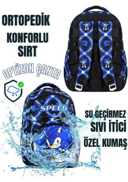 Sonıc Desenli Beşli Erkek Çocuk Ilkokul Sonic Okul Çantası + Termal Beslenme Seti + Kalemlik + Suluk modelleri