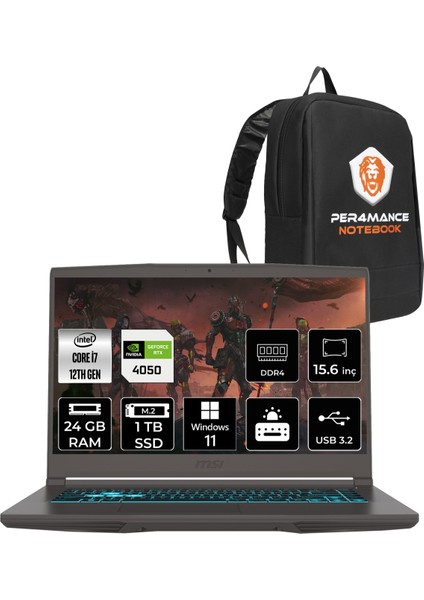 Msı Thin 15 Intel Core I7 12650H 24GB 1tb SSD RTX4050/6GB 15.6" Fhd 144Hz W11P Taşınabilir Bilgisayar 12VE-1892XTR & Per4 Çanta 12VE1892XTRP423