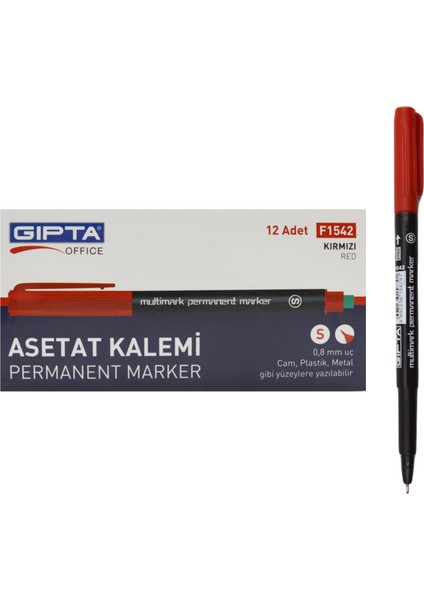 Permanent Asetat Kalemi Silgili S Uç 12 Adet Kırmızı F1542