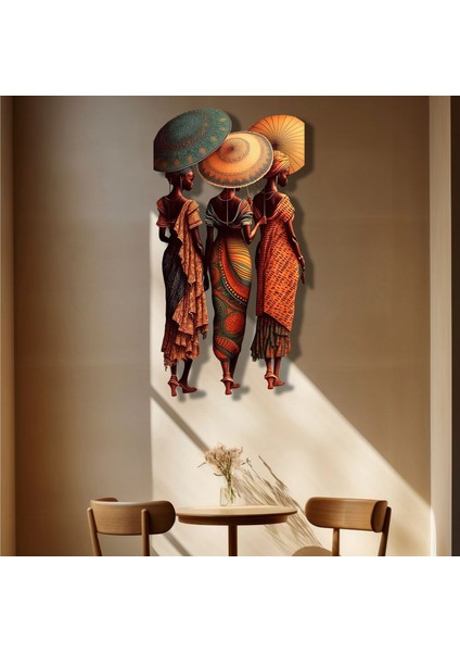 Steel Art Dec Şemsiyeli Afrikalı Kadınlar Renkli Metal Tablo