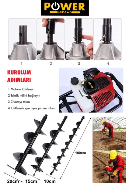 Toprak Burgu Makinesi 100 mm 20 cm Delme Ucu 1,6 Kw Motor Gücü Extra Güçlü