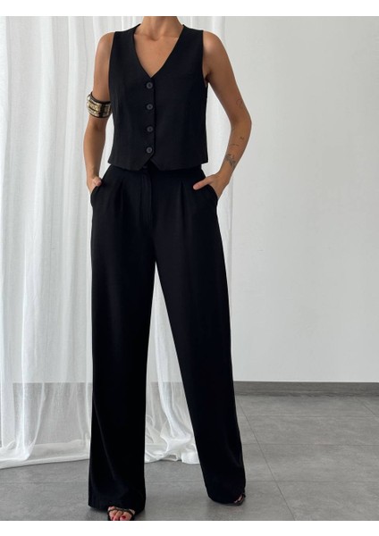 Siyah Keten Yelek Pantalon Alt Üst Kadın Takım