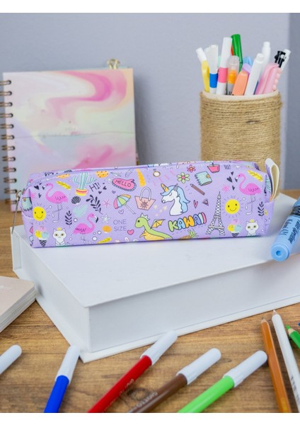 Kalem Kutusu Unicorn-Flamingo Kawaii Desen Kare Tasarım Vegan Deri