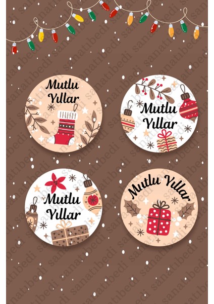 Mutlu Yıllar Temalı Yılbaşı Paketleme Sticker - Yeni Yıl Hediye Etiketi (50 Adet)