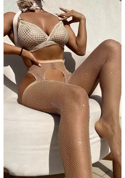 Helen Nuit Lüks Küçük File Taşlı Kaçmaya Dayanıklı Ağı Açık Fantezi Jartiyerli Külotlu Çorap