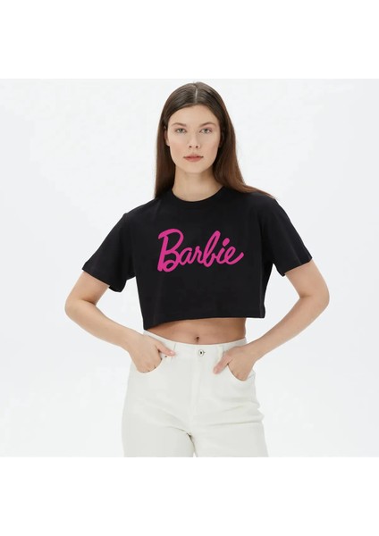 Siyah Barbi Baskılı Kısa Kol Crop T-Shirt