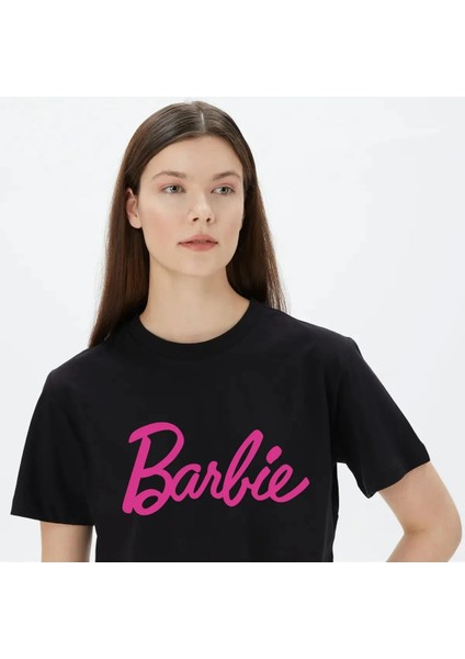 Siyah Barbi Baskılı Kısa Kol Crop T-Shirt