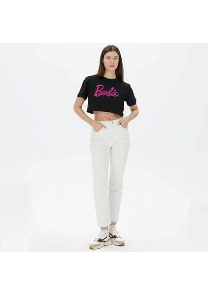 Siyah Barbi Baskılı Kısa Kol Crop T-Shirt