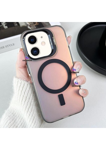 iPhone 11 Uyumlu Kılıf + Lens Koruyucu Set Standlı Arkası Hologramlı Mat Kamera Standlı
