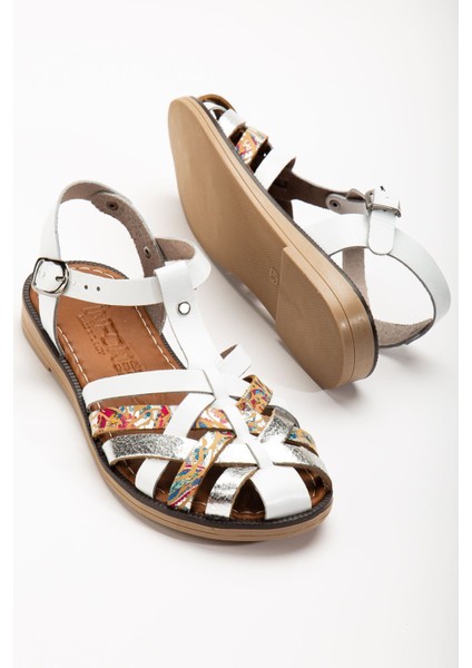 205-02 Beyaz Garni Ortopedik Deri Kadın Sandalet indirimleri