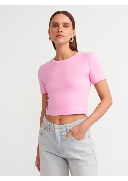 Pembe Kısa Kol Pamuklu Crop T-Shirt