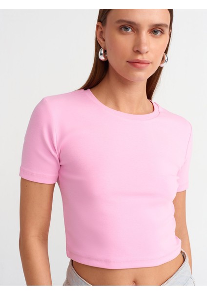 Pembe Kısa Kol Pamuklu Crop T-Shirt