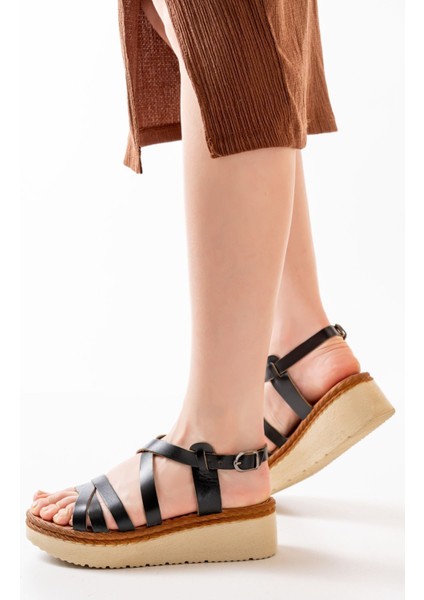 730-153 Siyah Ortopedik Deri Dolgu Kadın Sandalet