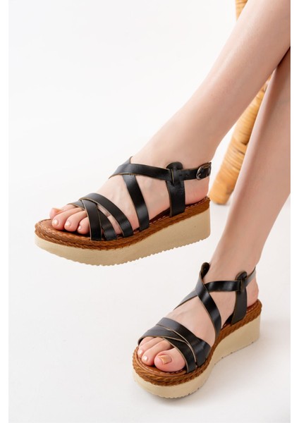 730-153 Siyah Ortopedik Deri Dolgu Kadın Sandalet modelleri