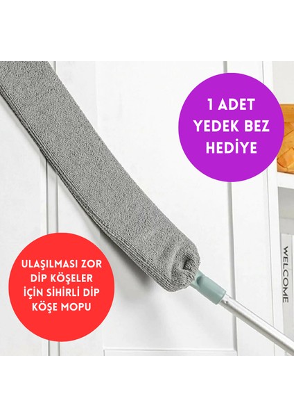 Mikrofiber Başlıklı Pratik Dip Köşe Raf Temizleme Mopu Sihirli Toz Alma Fırçası (Yedek Bez Ile)
