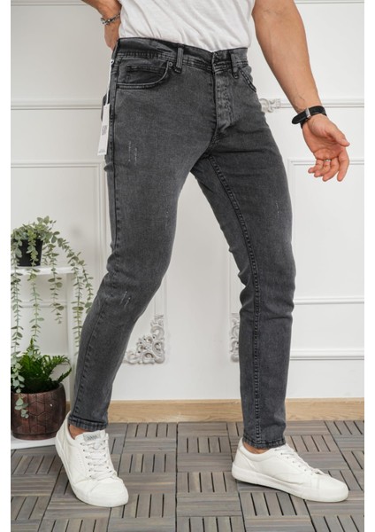 Slim Fit Gri Yırtıklı Jeans Pantolon