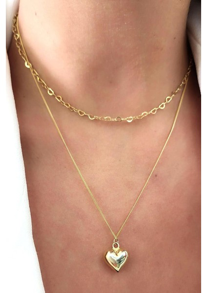 Italyan 925 Ayar Gümüş Üzerıne Altın Kaplama Ikili Bombeli Kalp Kolye