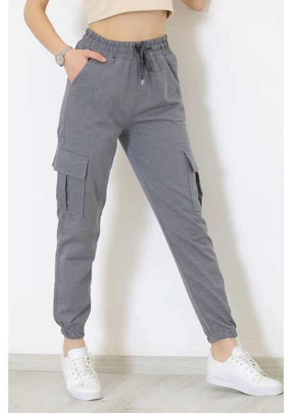Kadın Gri Premıum Kargo Cepli Jogger Eşofman Altı
