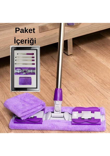 Befto Home Mandallı Mikrofiber Mop, Yer Mopu, Fayans, Duvar, Yüzey Temizlik (1 Adet Yedek Bez Hediyeli) - Mor