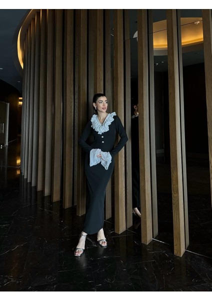 Tasarım Uzun Yaka Fırfır Detay Joker Elbise