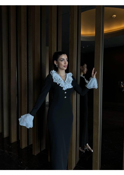 Tasarım Uzun Yaka Fırfır Detay Joker Elbise fiyatları