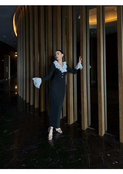 Tasarım Uzun Yaka Fırfır Detay Joker Elbise modelleri