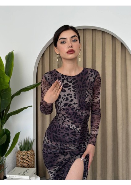 Leopar Streç Tül Elbise